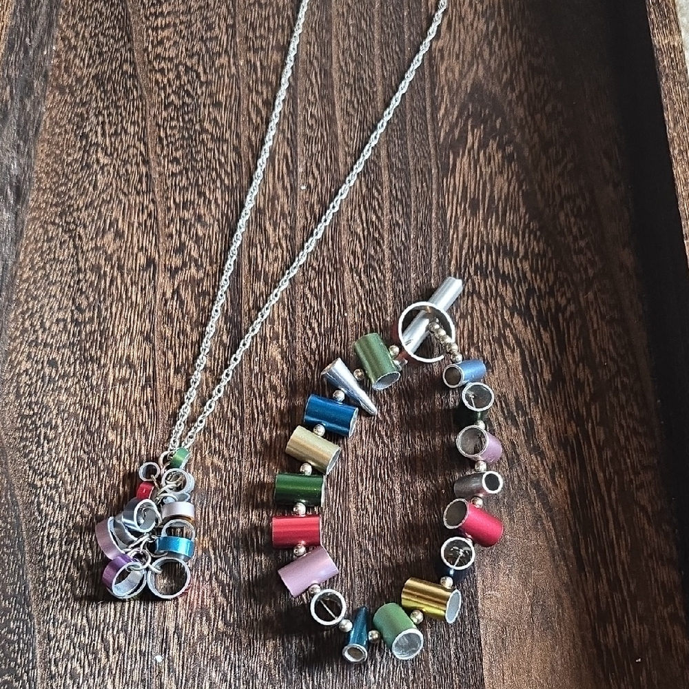 Colorful Reclaimed Knitting Needles Necklace - Multicolor on Silver Chain